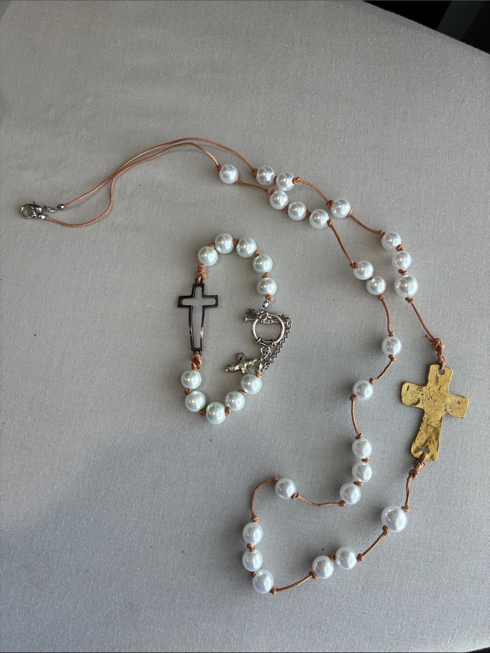 Pearl Bead Rosary Necklace and Bracelet Set with Gold Cross - White